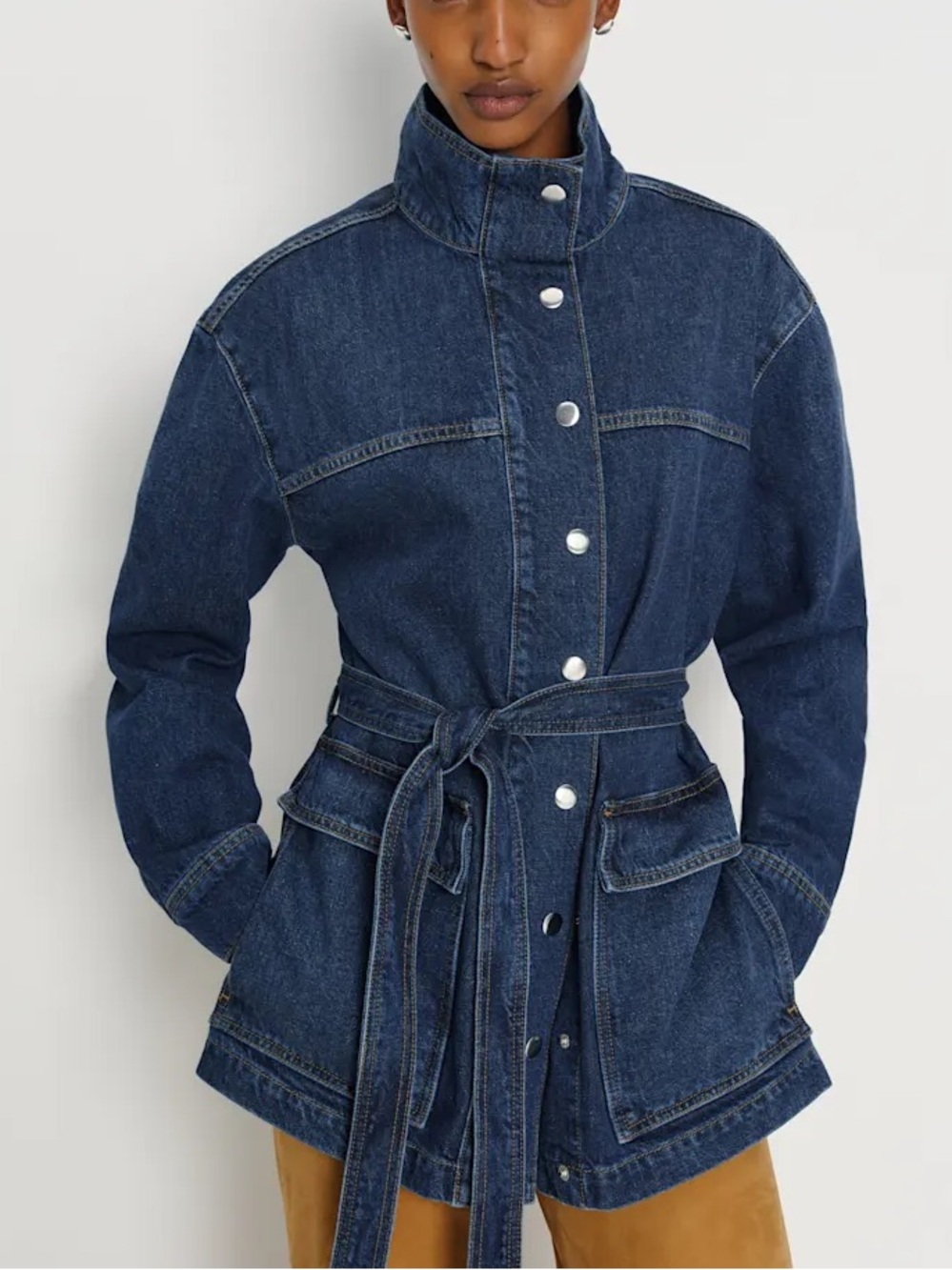 Reformation Drina Dark Blue Denim Belted Barn Jacket